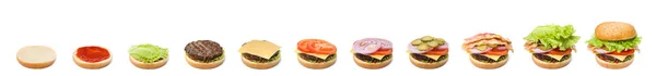 Krok Krokem Burger Dělat Bílém Pozadí Návrh Koláže — Stock fotografie