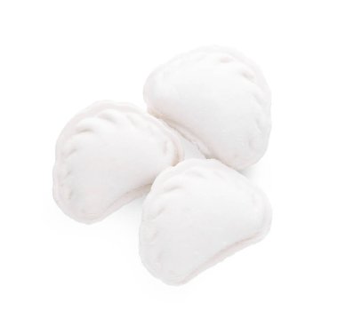 Raw dumplings (varenyky) on white background, top view