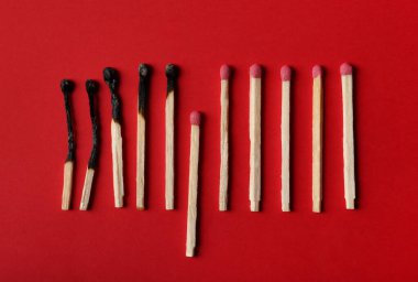Yanmış ve bütün kibritler kırmızı arka planda, düz yerde. Yok etme kavramını durdur