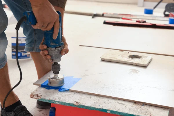 Worker Making Socket Hole Tile Indoors Closeup — Stock Fotó