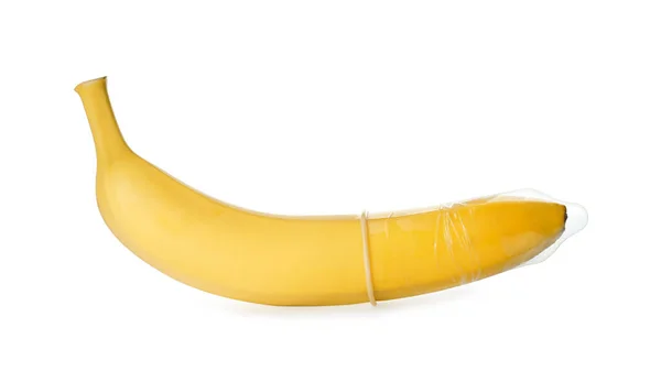 Plátano Con Condón Aislado Sobre Blanco Concepto Sexo Seguro —  Fotos de Stock