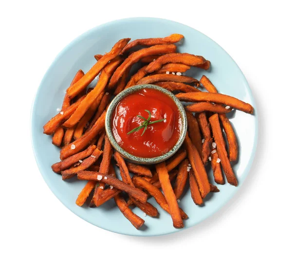 Plate Delicious Sweet Potato Fries Sauce White Background Top View — Stock Photo, Image