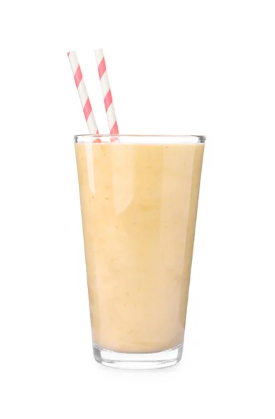 一杯美味的香蕉冰沙与稻草隔离在白色 — 图库照片