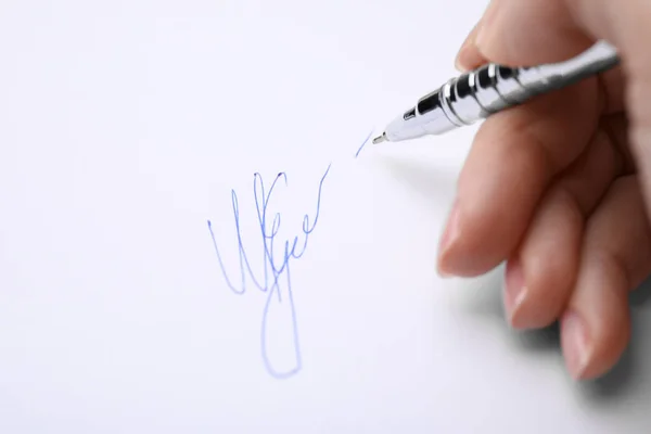 Woman Writing Her Signature Pen Sheet White Paper Closeup — Stock Photo, Image