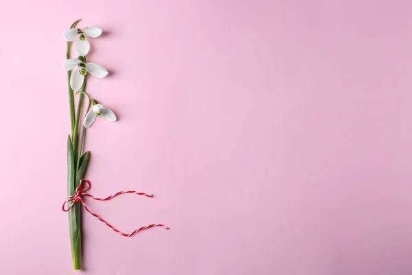 stock image Beautiful snowdrops on pink background, top view. Space for text