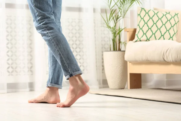 Barefoot Man Walking White Parquet Home Closeup Heated Floor — Stock Photo, Image