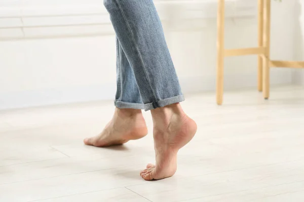 Barefoot Man Walking White Parquet Indoors Closeup Heated Floor — Stock Photo, Image