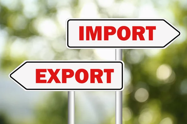 Sinal Estrada Com Importação Exportação Palavras Setas Apontando Direções Opostas — Fotografia de Stock