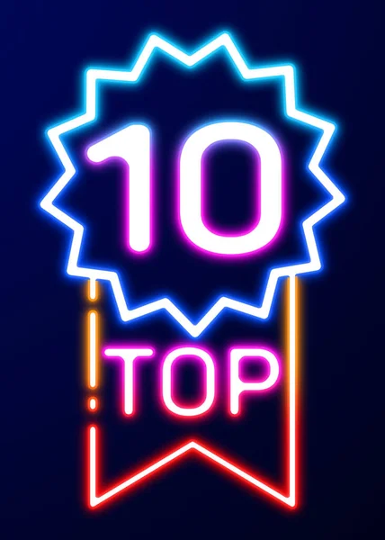Top ten list. Award rosette with word and number 10 glowing neon sign on dark background