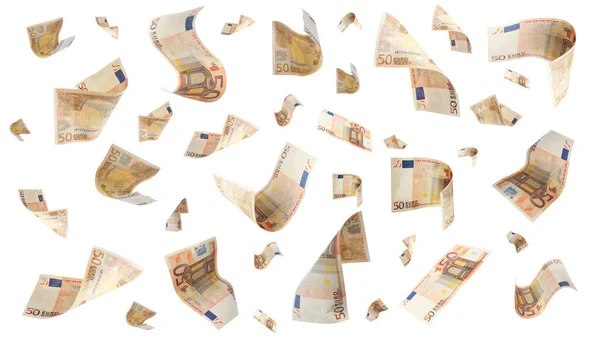 Mnoho Eurobankovek Létajících Bílém Pozadí — Stock fotografie