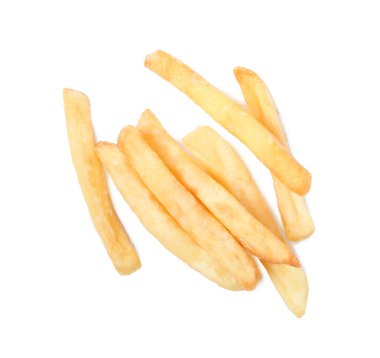 Delicious fresh french fries on white background, top view