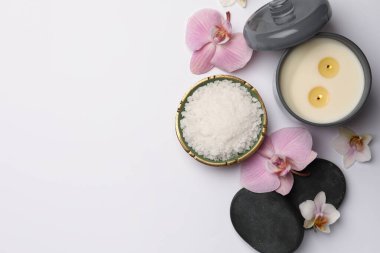 Beyaz zemin üzerinde farklı spa ürünleri bulunan düz bir kompozisyon. Metin için boşluk
