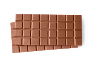 Delicious milk chocolate bars isolated on white, top view