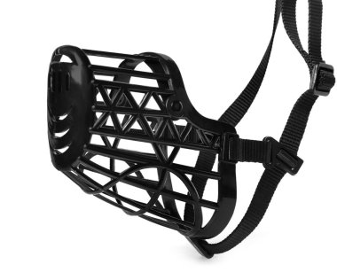 Siyah plastik köpek ağızlığı beyaza izole edilmiş.