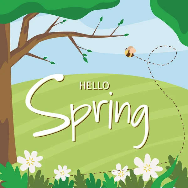 Olá Cartão Spring Abelha Voando Perto Árvores Flores Prado Ilustração — Fotografia de Stock