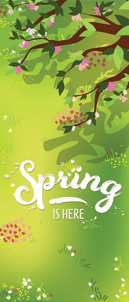 Green Grass Flowers Blooming Tree Text Spring Here View — Stock Photo, Image