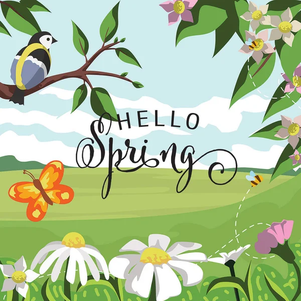 Hallo Frühling Karte Vogel Sitzt Auf Ast Während Schmetterling Und — Stockfoto