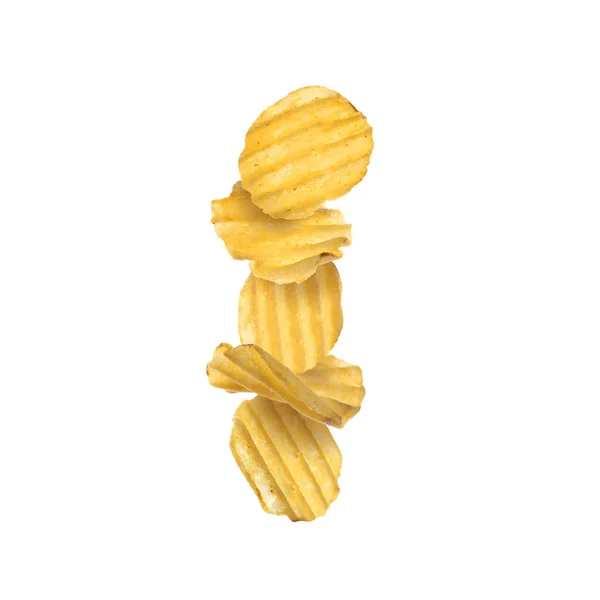 Stack Tasty Ridged Potato Chips White Background — Stock Photo, Image