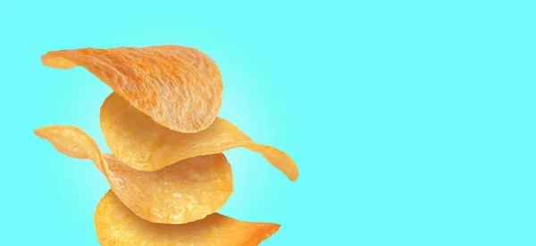 Stack Tasty Potato Chips Cyan Background Space Text — Stock Photo, Image