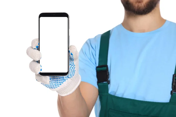 Professional Repairman Uniform Showing Smartphone White Background Closeup — Stock Photo, Image