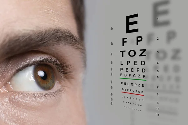 Vision test. Man and eye chart on light grey background