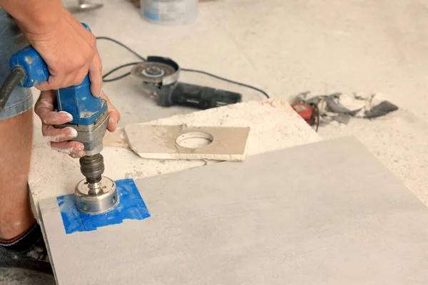 Worker Making Socket Hole Tile Indoors Closeup — Foto de Stock