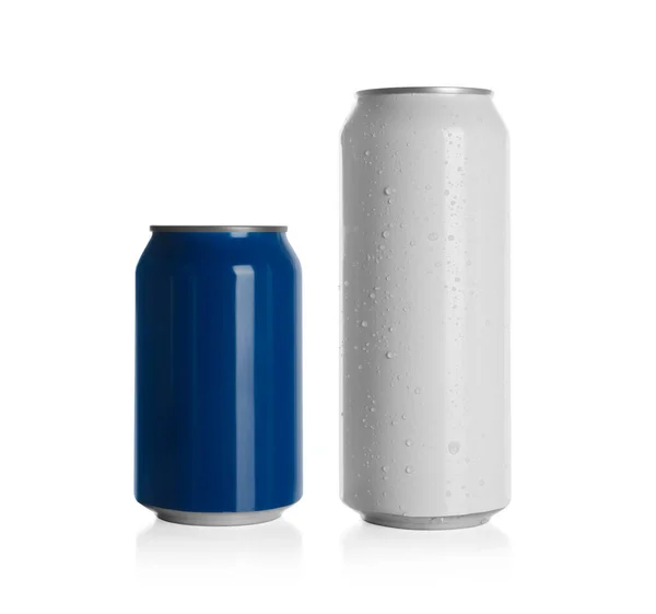 stock image Aluminum cans with drinks on white background