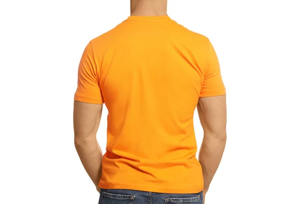 Man Wearing Orange Shirt White Background Back View Mockup Design — Fotografia de Stock