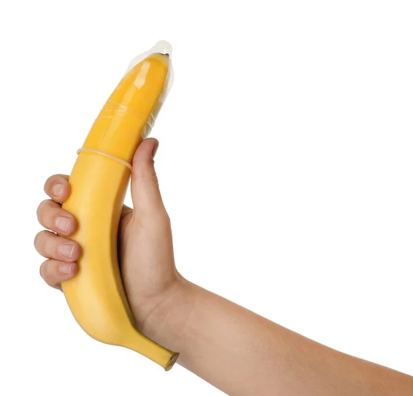 Donna Che Tiene Banana Preservativo Sfondo Bianco Primo Piano Concetto — Foto Stock