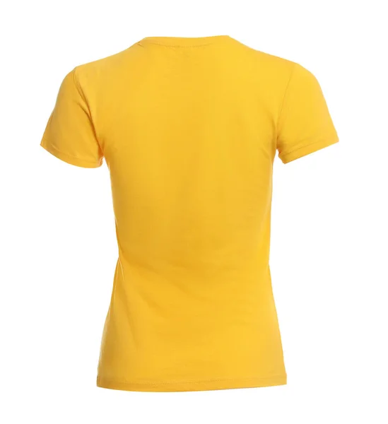 被白色隔离的时髦的黄色女性T恤 用于设计的模型 — 图库照片