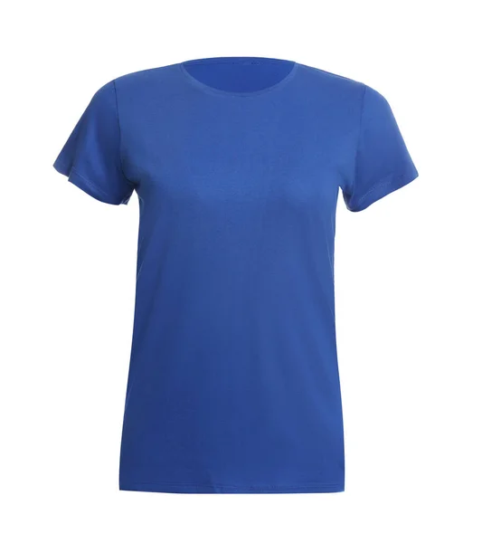 白を基調としたスタイリッシュなブルーの女性用Tシャツ デザインのためのモックアップ — ストック写真
