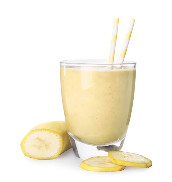 Glass Tasty Banana Smoothie Straws Fresh Fruit White Background — Foto Stock