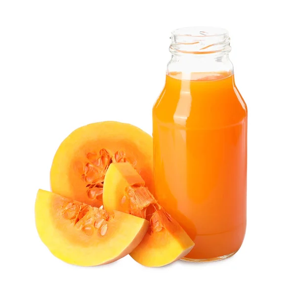 Glass Bottle Pumpkin Juice Fresh Vegetable White Background — Stock Photo, Image