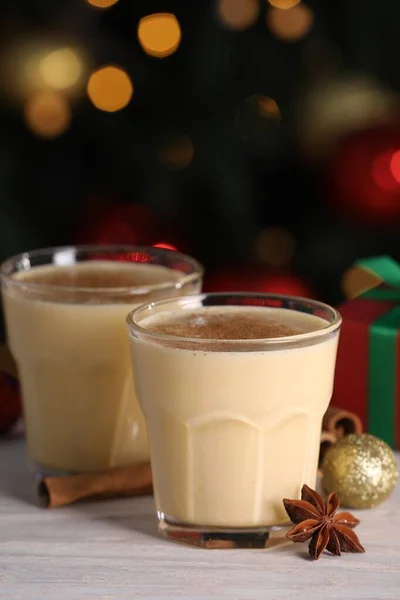 Tasty Eggnog Cinnamon Anise Christmas Decorations White Wooden Table Blurred — Stockfoto