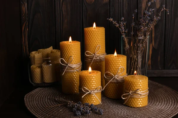 Beautiful Burning Beeswax Candles Dried Lavender Flowers Table — Stockfoto