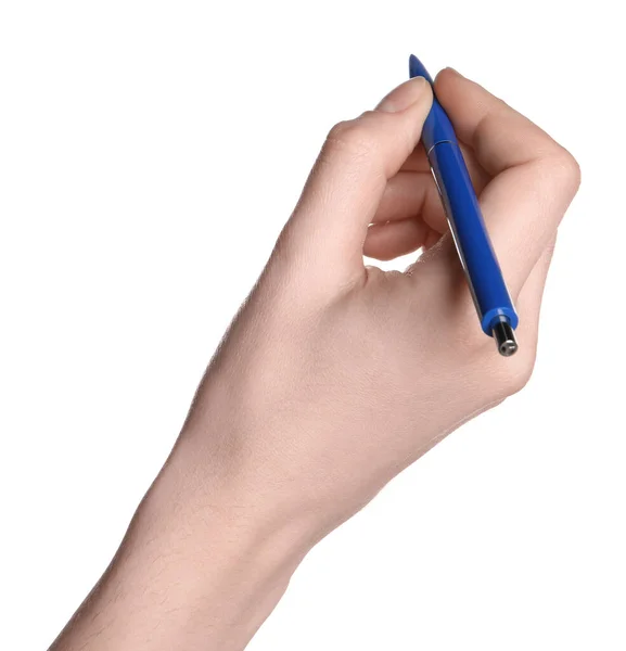 Kobieta Trzymająca Długopis Białym Tle Zbliżenie Dłoni — Zdjęcie stockowe