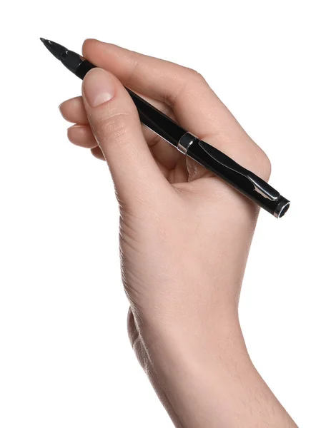 Woman Holding Pen White Background Closeup Hand — Photo