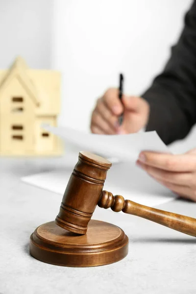 Construction Land Law Concepts Man Working White Table Focus Gavel — Stock Photo, Image