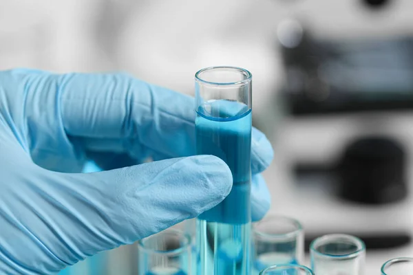 Scientist Taking Test Tube Light Blue Liquid Laboratory Closeup — Stock Fotó