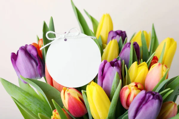 Bouquet Colorful Tulips Blank Card White Background Closeup — Stock Photo, Image