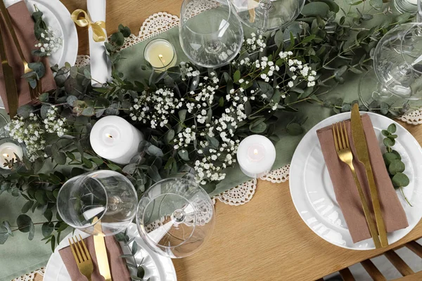 Stijlvolle Elegante Tafel Setting Voor Feestelijk Diner Platte Lay — Stockfoto