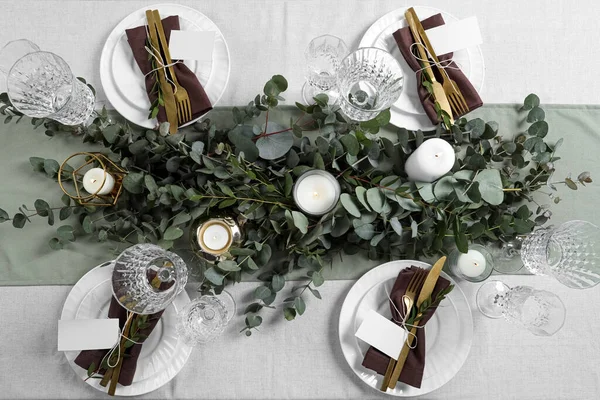 Luxe Tafelset Met Prachtig Decor Blanco Kaarten Feestelijk Diner — Stockfoto
