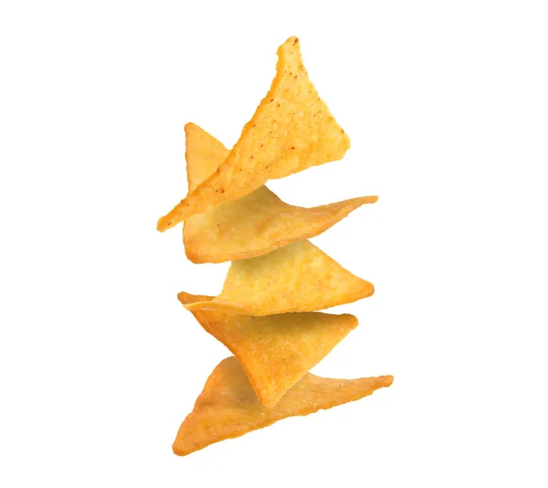 Stapel Smakelijke Tortilla Chips Witte Achtergrond — Stockfoto
