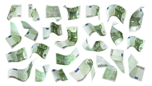 Wiele Banknotów Euro Lecących Białym Tle — Zdjęcie stockowe