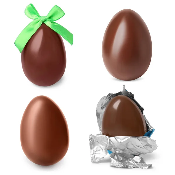 Вкусные Шоколадные Яйца Белом Фоне Коллаж — стоковое фото