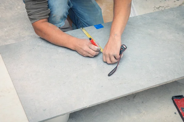 Worker Making Socket Hole Tile Indoors Closeup — Stockfoto