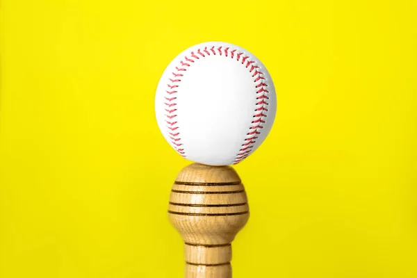 White Ball Wooden Baseball Bat Yellow Background Closeup Sports Equipment —  Fotos de Stock
