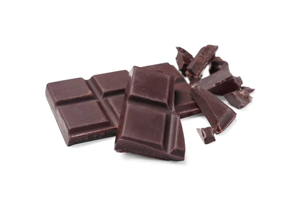 Шматочки Смачного Темного Шоколадного Бару Білому Тлі — стокове фото