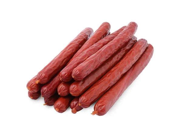 Many Delicious Smoked Sausages Isolated White — Stock Photo, Image