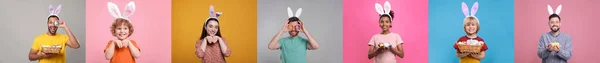 复活节庆祝活动 不同肤色背景的兔子耳朵头带照片拼贴 — 图库照片